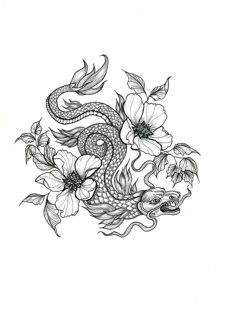 Dragon with Pear Flowers Drawing by Carolina Orozco | Saatchi Art