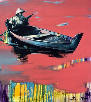 "Fisherman in old boat"-Pop Art-Lake-Boat-Bright seascape thumb