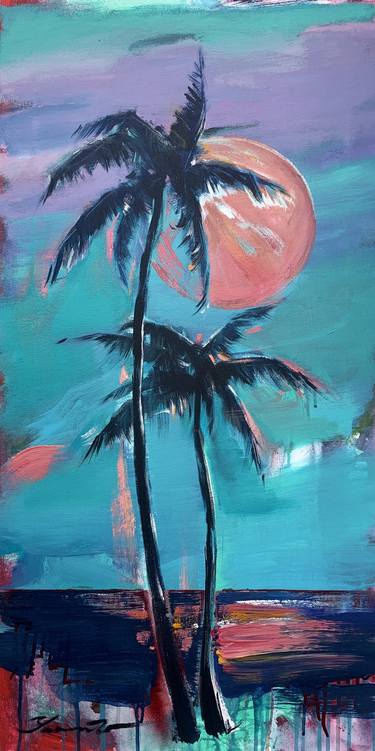 Delicate painting-"Pink moon"-Pop Art-palms and sea-seascape thumb