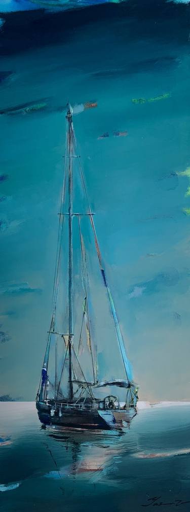 Vertical painting-"Green ocean"-sunset-sailing boat-seascape thumb