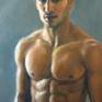 This painting is a figure study and portrait of a handsome man. I wanted to do a study of this gorgeous man and his athletic musculature while keeping a focus on painterly brushwork, texture and light. I'm happy that I also captured a sweet expressiveness in his face. The golden tones of his body are complemented by the warm blue-grey of the background. There's a casual feel combined with moodiness that makes this painting both contemporary and timeless.