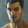 This painting is a figure study and portrait of a handsome man. I wanted to do a study of this gorgeous man and his athletic musculature while keeping a focus on painterly brushwork, texture and light. I'm happy that I also captured a sweet expressiveness in his face. The golden tones of his body are complemented by the warm blue-grey of the background. There's a casual feel combined with moodiness that makes this painting both contemporary and timeless.