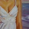 In this painting a beautiful woman walks on a beach at sunset in a long white dress, her hair and dress floating in the seashore breeze. I had fun using a combination of vigorous impasto strokes to convey the movement of wind in fabric and very soft edges throughout indicating the saturated, glowing light of sunset.