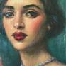 This an original oil painting with a moody, vintage feel of a beautiful woman holding a glass of wine at a dimly lit bar.  Shrouded in smoke and mystery, she recalls a long ago era. This painting is part of a series of portraits of women of the 1920's and 1930's. From flappers to starlets, I am very inspired by this glamorous and classic era. 

I kept the brushstrokes and edges soft, melting the figure into her hazy surroundings. This kind of dark, glazed oil painting is especially difficult to photograph without a lot of glare. I tried to capture it from various directions to provide a reasonably accurate sense of the overall painting.