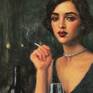 This an original oil painting with a moody, vintage feel of a beautiful woman holding a glass of wine at a dimly lit bar.  Shrouded in smoke and mystery, she recalls a long ago era. This painting is part of a series of portraits of women of the 1920's and 1930's. From flappers to starlets, I am very inspired by this glamorous and classic era. 

I kept the brushstrokes and edges soft, melting the figure into her hazy surroundings. This kind of dark, glazed oil painting is especially difficult to photograph without a lot of glare. I tried to capture it from various directions to provide a reasonably accurate sense of the overall painting.