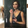This an original oil painting with a moody, vintage feel of a beautiful woman holding a glass of wine at a dimly lit bar.  Shrouded in smoke and mystery, she recalls a long ago era. This painting is part of a series of portraits of women of the 1920's and 1930's. From flappers to starlets, I am very inspired by this glamorous and classic era. 

I kept the brushstrokes and edges soft, melting the figure into her hazy surroundings. This kind of dark, glazed oil painting is especially difficult to photograph without a lot of glare. I tried to capture it from various directions to provide a reasonably accurate sense of the overall painting.