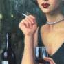 This an original oil painting with a moody, vintage feel of a beautiful woman holding a glass of wine at a dimly lit bar.  Shrouded in smoke and mystery, she recalls a long ago era. This painting is part of a series of portraits of women of the 1920's and 1930's. From flappers to starlets, I am very inspired by this glamorous and classic era. 

I kept the brushstrokes and edges soft, melting the figure into her hazy surroundings. This kind of dark, glazed oil painting is especially difficult to photograph without a lot of glare. I tried to capture it from various directions to provide a reasonably accurate sense of the overall painting.