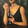 This an original oil painting with a moody, vintage feel of a beautiful woman holding a glass of wine at a dimly lit bar.  Shrouded in smoke and mystery, she recalls a long ago era. This painting is part of a series of portraits of women of the 1920's and 1930's. From flappers to starlets, I am very inspired by this glamorous and classic era. 

I kept the brushstrokes and edges soft, melting the figure into her hazy surroundings. This kind of dark, glazed oil painting is especially difficult to photograph without a lot of glare. I tried to capture it from various directions to provide a reasonably accurate sense of the overall painting.