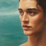 This portrait of a young man is perhaps the most classic I've done thus far. I was thinking a lot about Renaissance art while painting him. Although he is a contemporary man there is a timeless feeling to this painting. I placed my subject outdoors before a deep blue sea with a moody sky, a distant brightness at the horizon. I like how the blues of the water and sky set off his warm skin. I'm happy to have achieved a thoughtfulness and subtlety of form in this beautiful face.