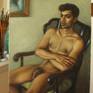 This is a painting of a handsome nude man seated in an antique chair. There is a somber, reflective quality to this subject. The muted tonalities contribute to the introspective mood.