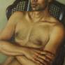 This is a painting of a handsome nude man seated in an antique chair. There is a somber, reflective quality to this subject. The muted tonalities contribute to the introspective mood.