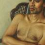 This is a painting of a handsome nude man seated in an antique chair. There is a somber, reflective quality to this subject. The muted tonalities contribute to the introspective mood.