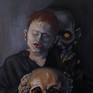I'd like the viewer to think about the relationship of the subject matters to each other.Innocence loss to the harsh reality of impermanence and the evil of the world. Is the child the symbol of death or the demon?or possibly the skull? does the skull relate to the demon? how possibly do they all connect?