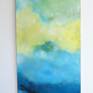 Framed Vertical Abstract on a textured wood panel bringing a richness of depth and layering of color that is very compelling and thoughtfully executed. Lime, Yellow/Gold, White, Aqua, Turquoise, Sky Blue, and Indigo in a balanced skyscape of light and joyfulness. Solid white poplar wood frame, overall dimensions 26" w x 50" h x 2" d. Crated shipping.  Signed lower right. Artist statement included.