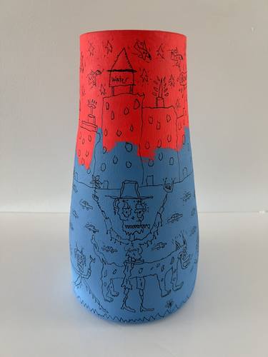Red Blue Friends on Bowery Ceramic Vase thumb