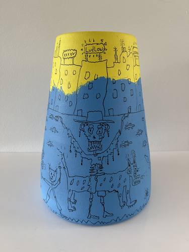 Yellow Blue Friends on Bowery Ceramic Vase thumb