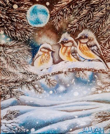 Sparrows on a snowy branch thumb