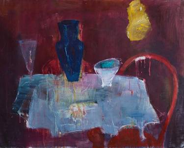 Still life with blue vase and yellow lamp thumb