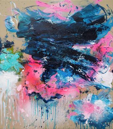 Beige Blue Abstract Painting, Change your thoughts, Pink Neon thumb