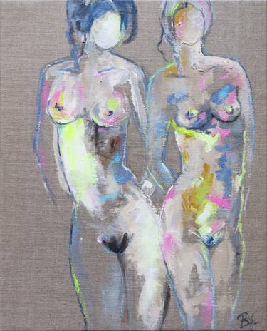 Nudes. Abstract Painting. Standing Figures. Vibrant. Yellow, Pink thumb