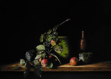 Still life with apples and jug with green algae thumb