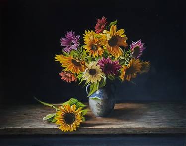 Multicolor sunflowers in a dark atmosphere thumb