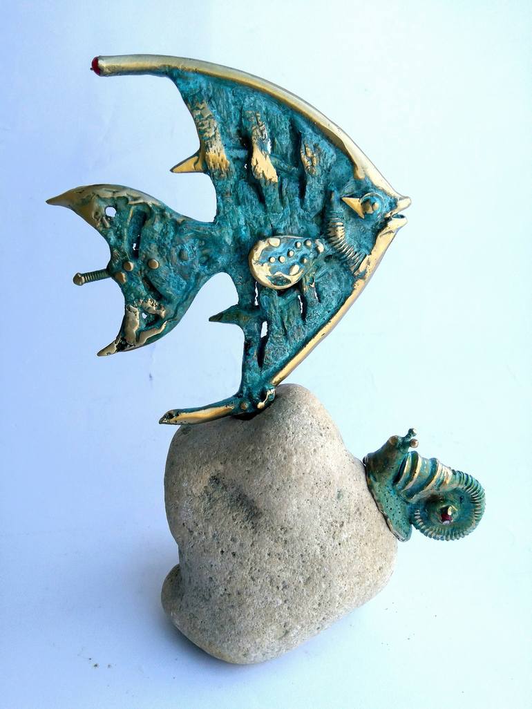 Metal Bronze Sculpture Art Home Office Decor Anniversary Gift "Fish and Snail" - Print