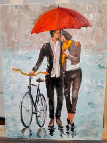 Romantic rendezvous of two lovers in the rain thumb