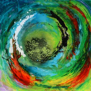 Maelstrom, Colourful abstract artwork painted in reverse  on clear  plexiglass panel thumb