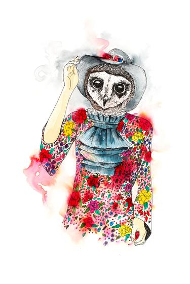 Sooty Owl Portrait in Red Floral Dress thumb