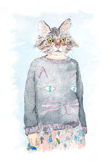 Coco - Portrait of a Cat in a Cat Sweater and a Floral Dress thumb