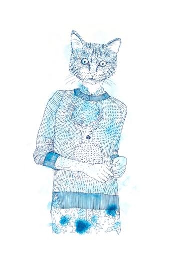 Emily: Cat in Floral Dress and Stag Sweater Portrait in Blue Ink thumb