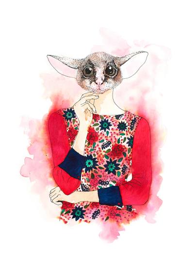 Susan: Anthropomorphic Bush Baby Portrait in Red Floral Dress thumb