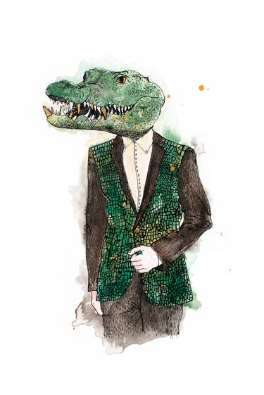 Lazarus: Whimsical Anthropomorphic Alligator Watercolor Painting thumb