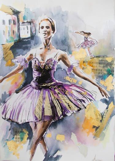 Purple Swan-Ballerina Watercolor Mixed Media Painting thumb