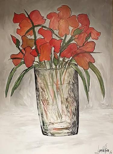 Coral Irises in Glass Vase thumb