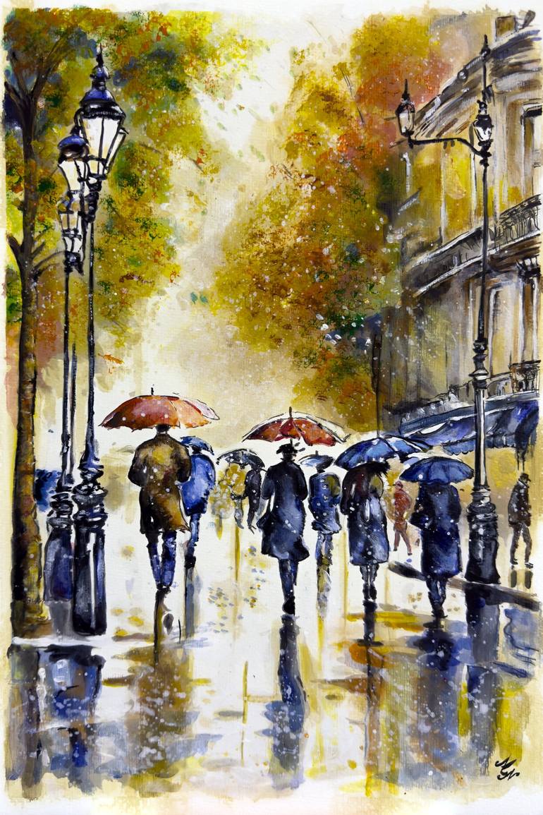 People walking in the rain, Print of acrylic painting. Urban wall art  artwork