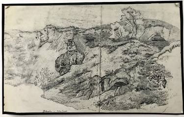 « Paysage géologique avec grottes »with animated rocks and trees , circa 1850 thumb