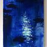 From a series of night paintings.
A painting of the surface of the water and boats seen under a full moon.