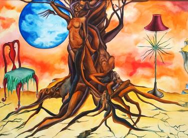 Nude Women in Tree Amongst Blue Moon Watercolor Art thumb