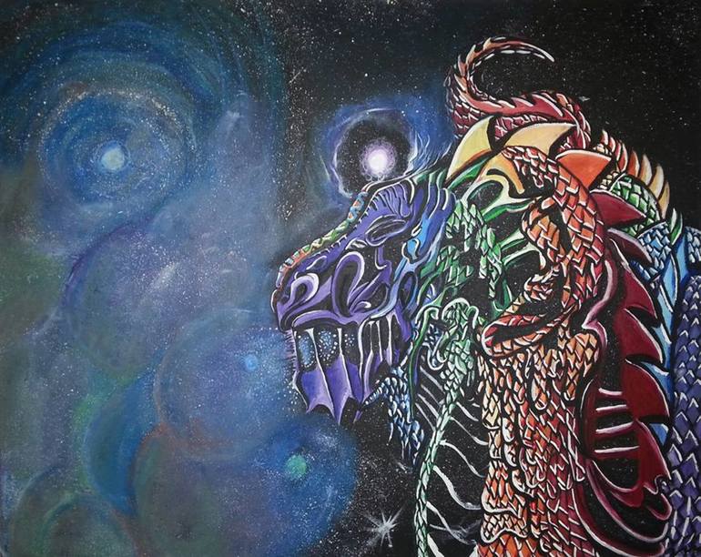 Fire Dragon Galactic Cosmic Animal Art Print from Watercolor Painting 