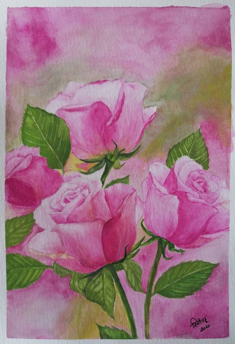 Pink Roses for Hope Painting by Smita Srivastav | Saatchi Art