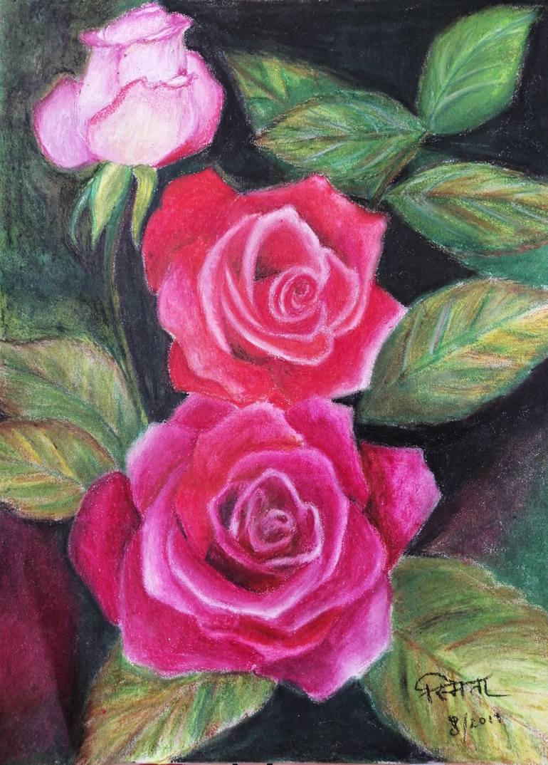 Red Roses Oil pastels art