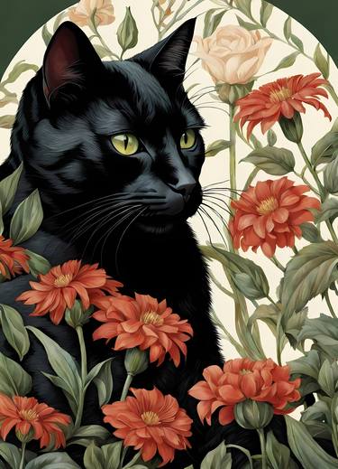 Floral Black Cat William Morris Style No.1 thumb