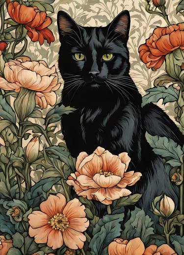 Floral Black Cat William Morris Style No.5 thumb