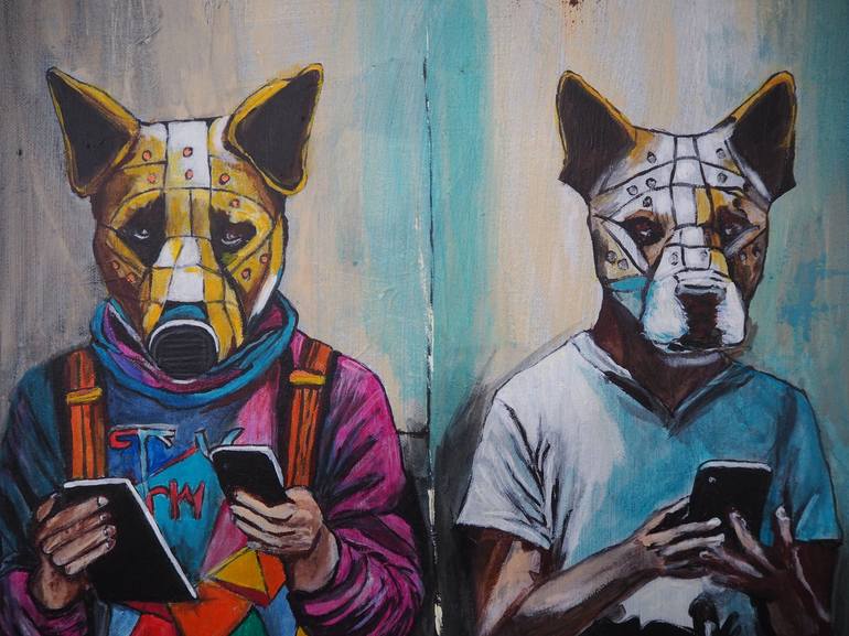 Original Surrealism Dogs Painting by Gabriele Mueller