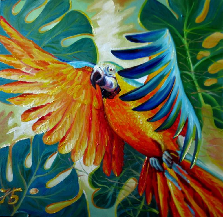 Back to Rain Forest 24x24 Parrot Painting by Nadia Bykova