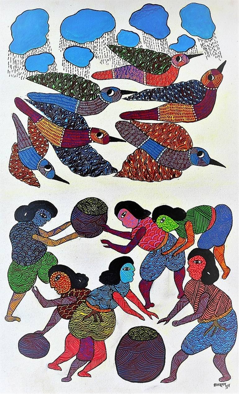 Original handmade tribal gond painting birds on trees. Painting by ...