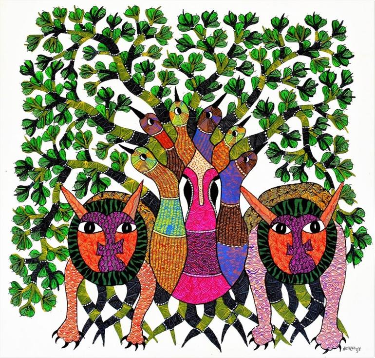 Original hand made gond painting illustrating love for trees by animals ...