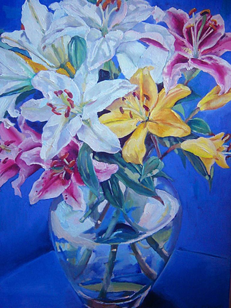 Lilies on blue Painting by catherine o'hare | Saatchi Art